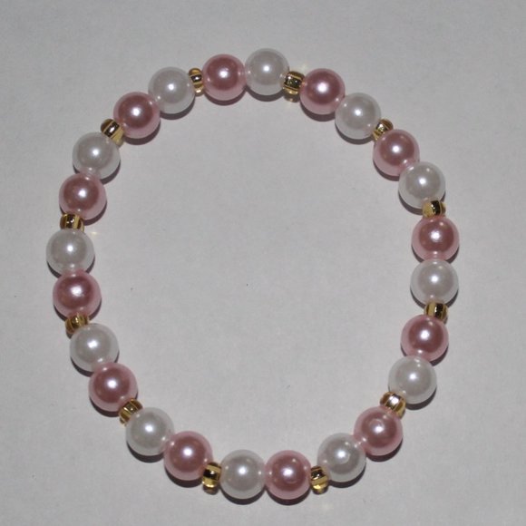 Handmade White and pink kraft pearl bracelet with gold Czech beads - Picture 2 of 2